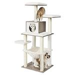 FEANDREA WoodyWonders Cat Tree, 54.3-Inch Multi-Level Cat Condo, Scratching Posts, Perches, Hammock, Removable and Washable Cushions, Greige UPCT164G01