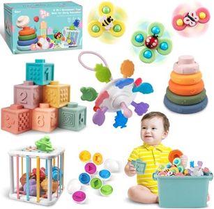 Plunack 6 in 1 Montessori Baby Toys for 6-12 Months — Stacking Blocks & Rings, Pull String, Suction Cup Spinner, Matching Eggs Shape Sorter & Sensory Bin, Infant Developmental Gift Set