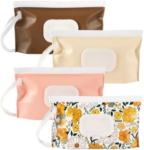 FEBSNOW 4 Pack Baby Wipes Dispenser, Portable Refillable Wipe Holder Baby Wipes Container Travel Wipes Case Reusable Wet Wipes Pouch (Floral, Cream, Brown, Pink)