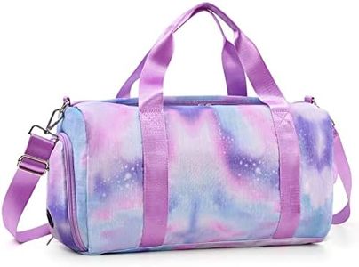 RUGICI Duffel Bag for Women Girls Dance Sport Gym Bag Weekender Overnight Portable Tote Shoulder Bag with Shoe Compartment Wet Pocket, Silver Purple