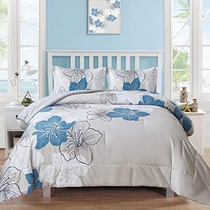 Menghomeus California King Comforter Set Blue Floral Comforter Botanical Bedding Sets Cal King Soft Microfiber Boho Bed Comforter Set for All Season, 3 Pieces (1 Comforter, 2 Pillowcases)