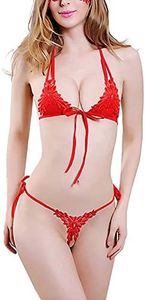 EVAbaby Sexy Floral Lace Lingerie Set Sheer Eyelash Halter Two Piece Sleepwear for Women, 1-red(no Mask), One Size