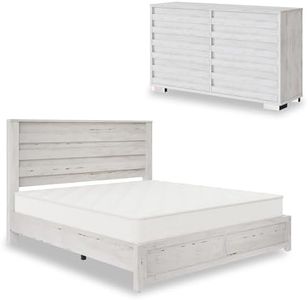 AMERLIFE 2-Piece Farmhouse Bedroom Set, King Size Bed Frame and 6 Drawer Dresser, Platform Bed with 49" Fluted Headboard, 54" Wide Wood Chest of Drawer for Bedroom, Distressed White