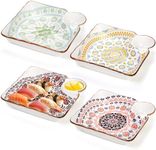 Eorbow 4 Pack Dumpling Plate with Dipping Saucer, 7.5" Ceramic Chips and Dip Plate, Reusable Japanese Sushi Platter, Divided Square Serving Dishes for Home Kitchen Appetizer Snack Salad Fries Gyoza