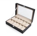 Handcuffs Watch Box Organizer With Glass Display Top For Men & Women | PU Leather | 12 Slots | Wrist Watches | Case | Storage | Holder | Jewellery | Organiser (Black)