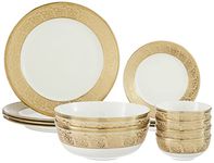 Amazon Brand - Solimo Ceramic 14 Piece Premium Dinner Set | 4 Dinner Plates, 4 Quarter Plates, 2 Large Bowls & 4 Small Bowls | Golden Floral Strip