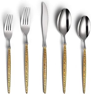 Lemeya 20-Piece Hammered Silver Gold Silverware Set,18/10 Stainless Steel Forging Heavy Duty Cutlery Set for 4, Luxury Unique Flatware Set,Spoons and Forks Set,Mirror Polished,Dishwasher Safe