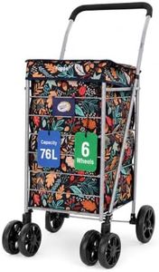 Hoppa Lightweight 6-Wheel Premium 2024 Model Folding Shopping Trolley Extra Large 75.6L Capacity Shopping Trolley Bag, 95cm, 5.25kg, Push/Pull (Leaf Black)