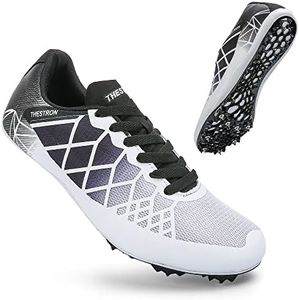 THESTRON Professional Spikes Track & Field Shoes for Men Women Kids Breathable Racing Jumping Sprint Running Sneakers (5,Black White)
