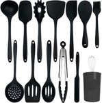 Kitchen Utensil Set, Silicone handle Heat-Resistant Non-Stick Cooking Tools Set of 14Pcs,Including a Holder, Turner,Spoon,Brush,Spatula, Ladle, Tongs, Pasta Server,Brush,Egg Wgisk, etc(Black)