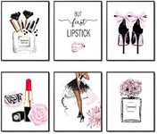 Fashion Women Wall Art Print Set of 6 Canvas Painting Wall Decor Pictures, Perfume, Makeup Art, Lipstick, High Heels, Handbag, Alphabets, Pink Minimalist Prints Poster Set for Girls Room Decor (8"x10" UNFRAMED)