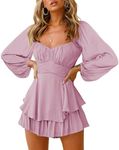 Fixmatti Womens Tie Mini Short Romper Off The Shoulder Lantern Sleeve Boho Shorts One Piece Outfits Pink Purple M