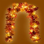 KASZOO 2 Pack Artificial Fall Maple Leaf Garland with 40 LED String Light,5.8 Ft/Pack Autumn Hanging Vine Garland Autumn Foliage Thanksgiving Garland for Christmas Home Decor