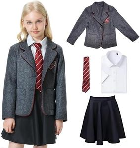 Yulefly 4PCs Girls Musical Movie Costume for Kids, Gray School Uniform Girl Outfit with Jacket Shirt Skirt Tie, Grey