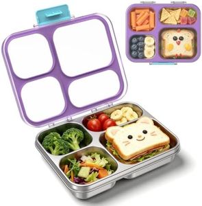 Reeple Stainless Steel Lunch Box for Kids, Leakproof 4 Compartment Kids Bento Lunch Box with Clear Lid, BPA-Free Steel Lunch Box Containers for School Travel (Purple)