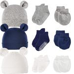 Pimoys 3 Sets Newborn Hat, Cotton Baby Hat Boys Baby Beanie Bear Ear Infant Hat New Years Gift for 0-6 Months Baby Boys (Hat, Mittens,Socks) Blue