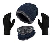 Gajraj Winter Knit Beanie Cap Hat Neck Warmer Scarf And Woolen Casual Style Gloves Set For Men & Women (3 Piece) (Navy),Navy Blue