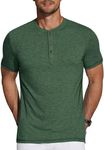 COOFANDY Men's Distressd Henley Shirts Short Sleeve Casual Tees 8 Button T Shirts Retro Henley Shirts Green