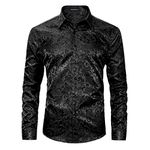 HISDERN Men‘s Silk Shirt Black Paisley Dress Shirts for Men Long Sleeve Button Down Wedding Party Prom Satin Tuxedo Shirts Regular Fit M