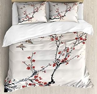 Ambesonne Nature Duvet Cover Set, Flowers Buds and Birds with Cherry Branches Style Art Painting Effect, Decorative 3 Piece Bedding Set with 2 Pillow Shams, California King, Burgundy Black