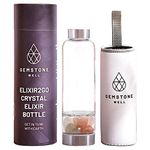 Elixir2Go Crystal Elixir Water Bottle – 16 Ounce Shatter Resistant Glass Gemstone Water Bottle for Making Gemwater – Includes Gemstones and Neoprene Sleeve (Rose Quartz & Clear Quartz)