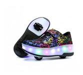 HUSKSWARE Kids Shoes with Wheels – LED Light-Up Roller Sneakers Boys Girls, Retractable Skating Trainers, USB Rechargeable Outdoor Sports Shoes EU 27-40 White Black Pink