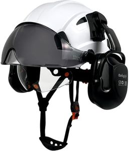 DarlingSafe Safety Helmet with Visor Ear Muffs Hard Hats Visor Workplace Head Protection ANSI Z89.1 Certificated Construction Outdoor Work Hardhats (DR08-White+Clear/Tinted Visor+ B07 Ear Muffs)