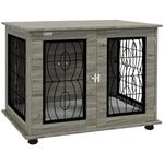 PawHut Dog Crate Furniture, End Table with Large Top, Indoor Pet Crate with Soft Washable Cushion, Lockable Front Door, Wire Mesh Ventilation, for Medium Dogs, 80 x 56 x 63cm - Grey Wood Effect