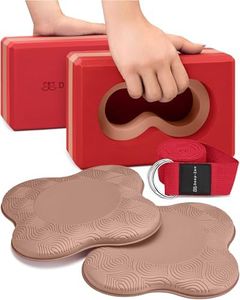 Deep-Zen® Yoga Blocks Wrist Support; Yoga Blocks 2 Pack with Knee Pads and Strap to Put Less Weight on Wrists; Durable, Versatile Yoga Brick Exercise Block Set, Blocks Yoga (Vital Red, L)