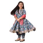 Naixa Girls Rayon Fabric Blue Jaipuri Double Print Anarkali Dress With Dhoti And Dupatta 3/4 Sleeve Salwar Suit Set For All Occations Like Wedding, Festival & Events, 8-9 Year