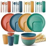 36 Pack Wheat Straw Dinnerware Set, Unbreakable Tableware for 4, Reusable & Lightweight Cup Dish Plate Bowl Set Portable Cutlery for Camping Party Rv, Dishwasher Microwave Safe (Mixed Color)