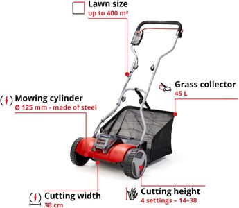 Einhell 18V Walk-Behind Cylinder Lawnmower, 38cm, 45L Grass Box – Mulching, 4 Heights, Bare Tool