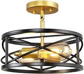 Karjearl Semi Flush Mount Ceiling Light Fixtures, 2-Light Modern Kitchen Ceiling Light Farmhouse Industrial Sloped Ceiling Lighting with for Metal Drum Cage Hallway Bedroom Stair, Black and Gold