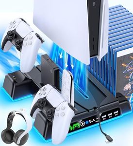 PS5/ Slim/Pro Stand for Disc & Digital Console, PS 5 Cooling Station with Dual Controller Charging Station for PlayStation 5 Console, 3-Level Fan PS5 Controller Charger Accessories Stand-Black