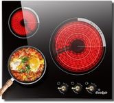 Cooksir 3 Burner Electric Cooktop - Built-in 24 Inch Electric Stovetop 5700W, 220V Ceramic Stove Top with Residual Heat Indicator, Over-Temperature Protection, Knob Control, 240V Hard Wired (No Plug)