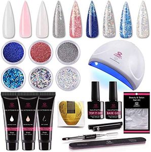 Makartt P-09 Nail Extension Gel Nail Starter Kit with 6pcs Beautiful Glitter Powders, 3pcs Builder Gel, 24w Quick Nail Dryer Nail Technician All-In-One Gorgeous Mixed Nail Art Gel Builder