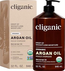 Cliganic Organic Argan Oil for Hair, Face & Skin (Bulk, 32oz with Pump) - 100% Pure, Cold Pressed