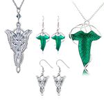 HJYZY 4 pcs Vintage Green Leaf Elven Earrings Pin Brooch Pendant Chain Necklace Earrings Elven Leaf Aragorn Arwen Evenstar Pendant Necklace Earrings