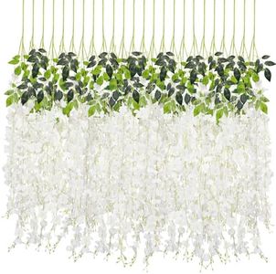 CEWOR 24pcs Wisteria Hanging Flowers 3.6ft Artificial Vines Fake Garland Silk Flower String for Wedding Party Garden Outdoor Greenery Home Wall Decoration (White)