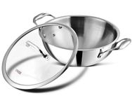 Vinod Platinum Triply Stainless Steel Kadai with Glass Lid (22cm, 2.5L) | 2.5 mm Thick | Triply Kadai with Heavy Bottom | Induction Friendly Triply Stainless Steel Cookware Kadhai | 5 Year Warranty