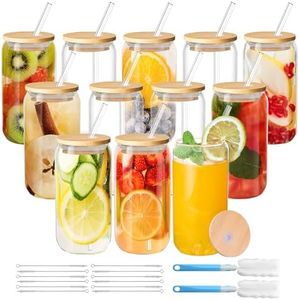 Drinking Glasses with Bamboo Lids and Glass Straw, 16oz Can Shaped Glass Cups, Beer Can Glasses, Iced Coffee Cups, Glass Tumbler with Straw, for Cocktail, Whiskey, Gift - Clear Glass Cup Set(12 Pack)