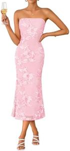 ZESICA Cocktail Wedding Guest Dresses for Women 2026 Summer Strapless Floral Bodycon Mesh Tube Formal Party Midi Dress LightPink X-Large