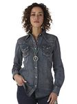 Wrangler Women's Long Sleeve Snap Front Denim Western Shirt Blouse, Denim, S UK