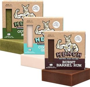 HENCH – Mens Soap Bar 3 Pack Handcrafted Natural Soap for Men Exfoliating Moisturising Man Soap Palm Oil Free and No Harsh Chemicals Soothes Dry Irritated Skin (Outback Moss, Coconut Gruff, Burnt Barrel Rum)