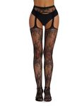 ohmydear Fishnet Suspender Tights for Women High Waisted Garter Pantyhose Plus Size Lace Patterned Thigh High Stretchy Sexy Stockings Black XS-M