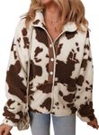 Dokotoo Winter Coats for Women 2024 Trendy Casual Long Sleeve Button Up Front Warm Fleece Jacket Women Cute Stand Neck Comfy Color Block Cow Printed Womens Sherpa Jackets with Pockets Brown XXL