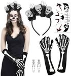 HOWAF Halloween Day of the Dead Headband, Halloween Face Tattoo Skeleton Gloves Skeleton Earrings for Day of the Dead Costume