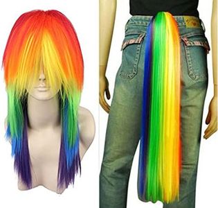 Anogol Hair Cap+Long Straight Cosplay Wig with Ponytail Multi-Colored Cosplay Wig Anime Wig Halloween Costume Wig Christmas Party wig