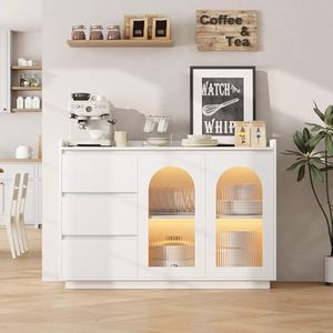 Garvee 48" Coffee Bar Cabinet, Sideboard Buffet Cabinet Storage Cabinets, Modern Kitchen Buffet with 3 Drawers, 2 Glass Doors ＆ 3 Color Led Lights, White Coffee Bar for Home Office