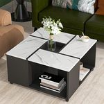 Merax Coffee Table, 2-Layer Modern Square Cocktail Table with Casters and Removable Tray, UV High-Gloss Marble Design Center Table for Living Room, White+Black